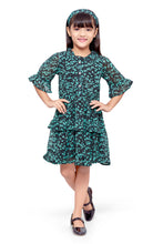 Load image into Gallery viewer, Green and Black Chiffon Floral Printed Ruffle Dress
