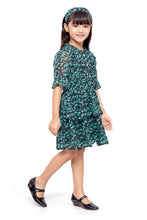 Load image into Gallery viewer, Green and Black Chiffon Floral Printed Ruffle Dress
