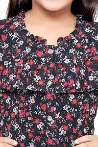 Black Chiffon Floral Printed Shirt Dress