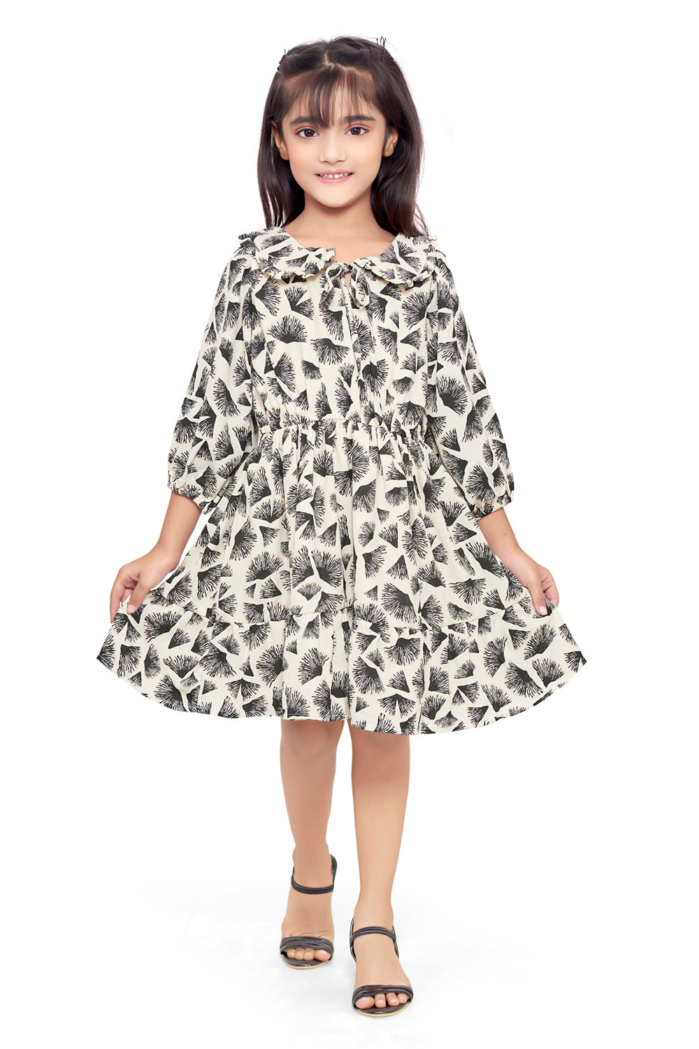 Black and Offwhite Crepe Abstract Printed Dress