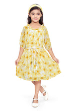 Load image into Gallery viewer, Yellow Crinkle Chiffon Dress with Belt and Hair Band
