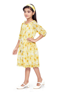 Yellow Crinkle Chiffon Dress with Belt and Hair Band