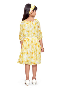 Yellow Crinkle Chiffon Dress with Belt and Hair Band