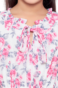 Pink Chiffon Floral Printed Neck Tie-up With HairBand