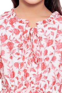 Coral Chiffon Floral Printed Neck Tie-up With HairBand