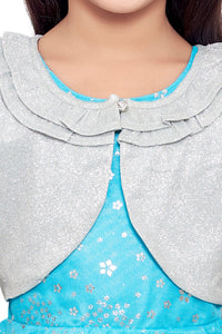 Blue Foil Printed Kerchief Dress With Silver Shrug