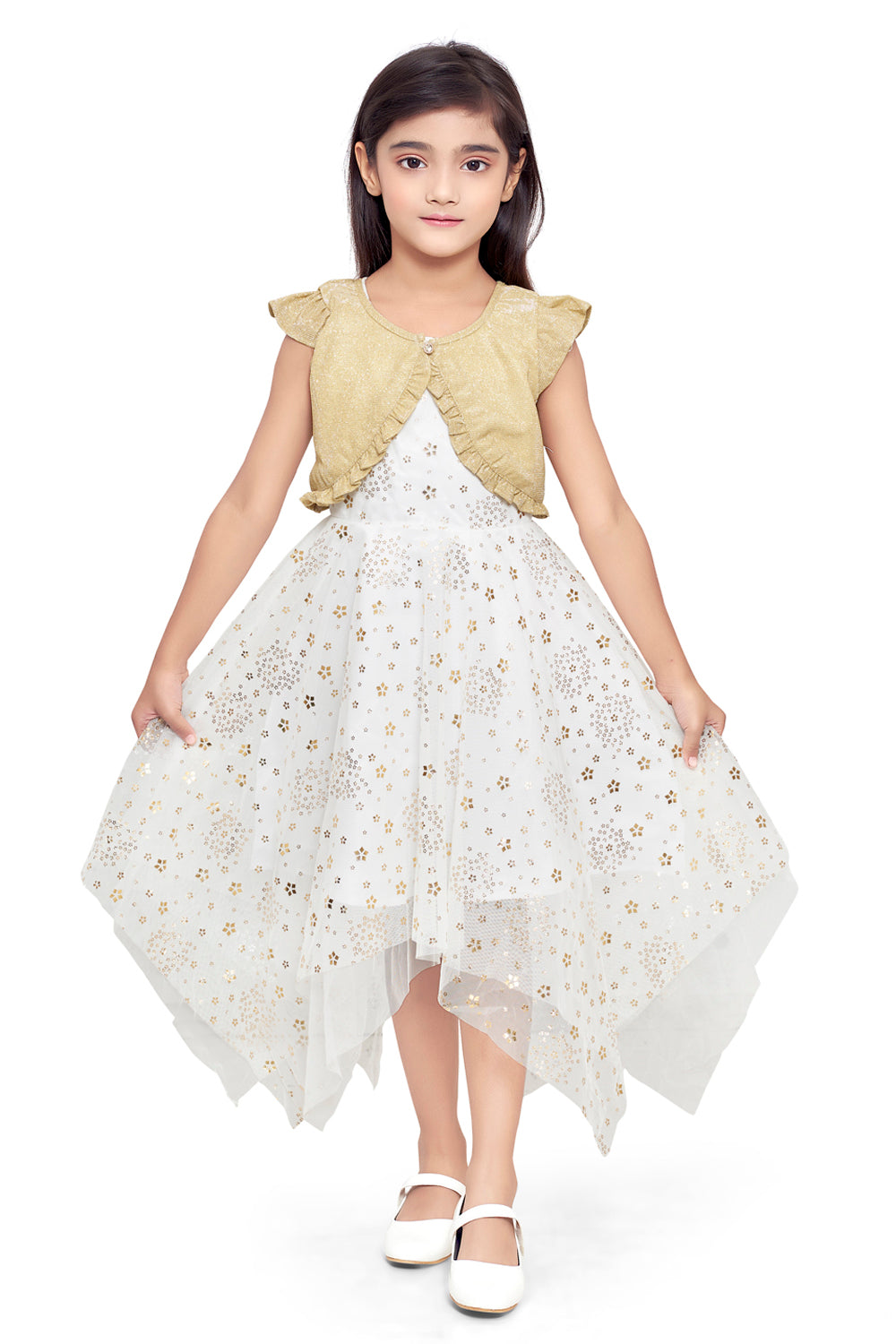 Off white Foil Printed Kerchief Dress With Shrug