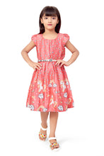 Load image into Gallery viewer, Peach Satin Unicorn Printed Dress with Belt
