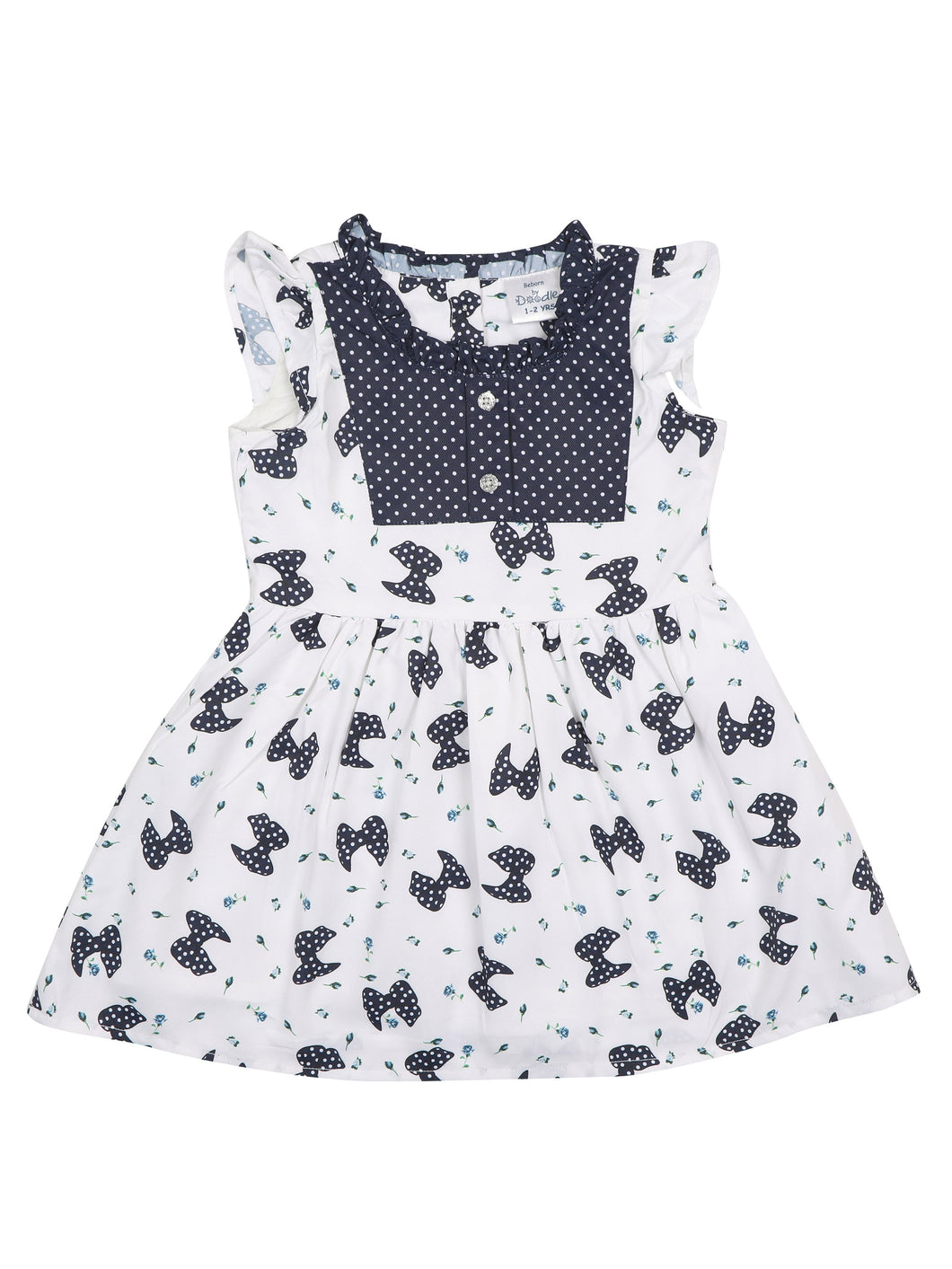 Navy With White Polyester Butterfly Printed Cap Sleeve Dress