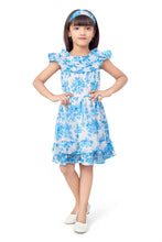Load image into Gallery viewer, Blue Chiffon Dobby Floral Printed Dress Ruffle With Hairband
