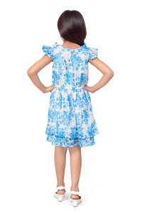 Blue Chiffon Dobby Floral Printed Dress Ruffle With Hairband