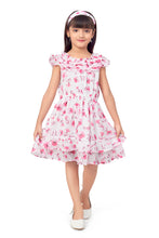 Load image into Gallery viewer, White and Pink Chiffon Floral Printed Dress Ruffle With Hairband
