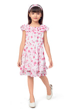 Load image into Gallery viewer, White and Pink Chiffon Floral Printed Dress Ruffle With Hairband
