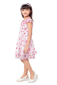 White and Pink Chiffon Floral Printed Dress Ruffle With Hairband
