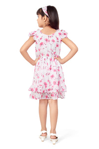 White and Pink Chiffon Floral Printed Dress Ruffle With Hairband