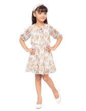 Load image into Gallery viewer, Yellow Chiffon Floral Printed Tie up Neck Dress With Hairband
