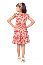Load image into Gallery viewer, Peach Chiffon Dobby Floral Printed Dress Ruffle With Hairband
