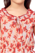 Load image into Gallery viewer, Peach Chiffon Dobby Floral Printed Dress Ruffle With Hairband
