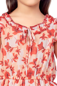 Peach Chiffon Dobby Floral Printed Dress Ruffle With Hairband