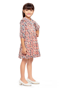 Peach Chiffon Floral Printed Shirt Dress With 3/4 Sleeve