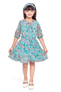 Green Chiffon Floral Printed Tie-up Dress With Hair Band