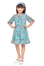 Load image into Gallery viewer, Green Chiffon Floral Printed Tie-up Dress With Hair Band
