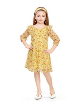 Load image into Gallery viewer, Yellow Chiffon Floral Printed Ruffle Dress With Hairband
